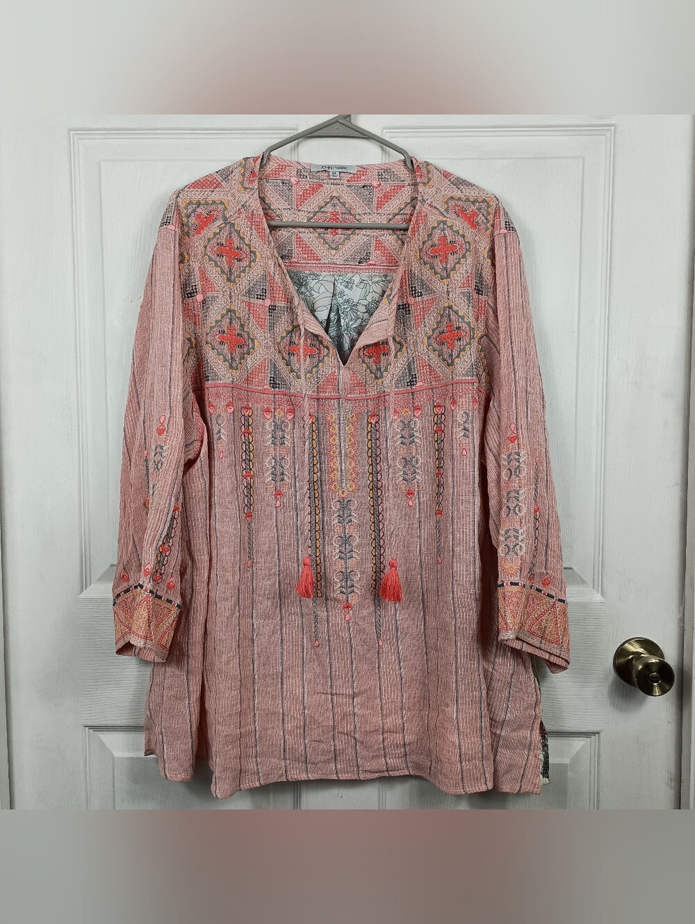 John Mark Linen Tunic Blouse Top 3X Embroidered Floral Tassels 3/4 Sleeves Boho